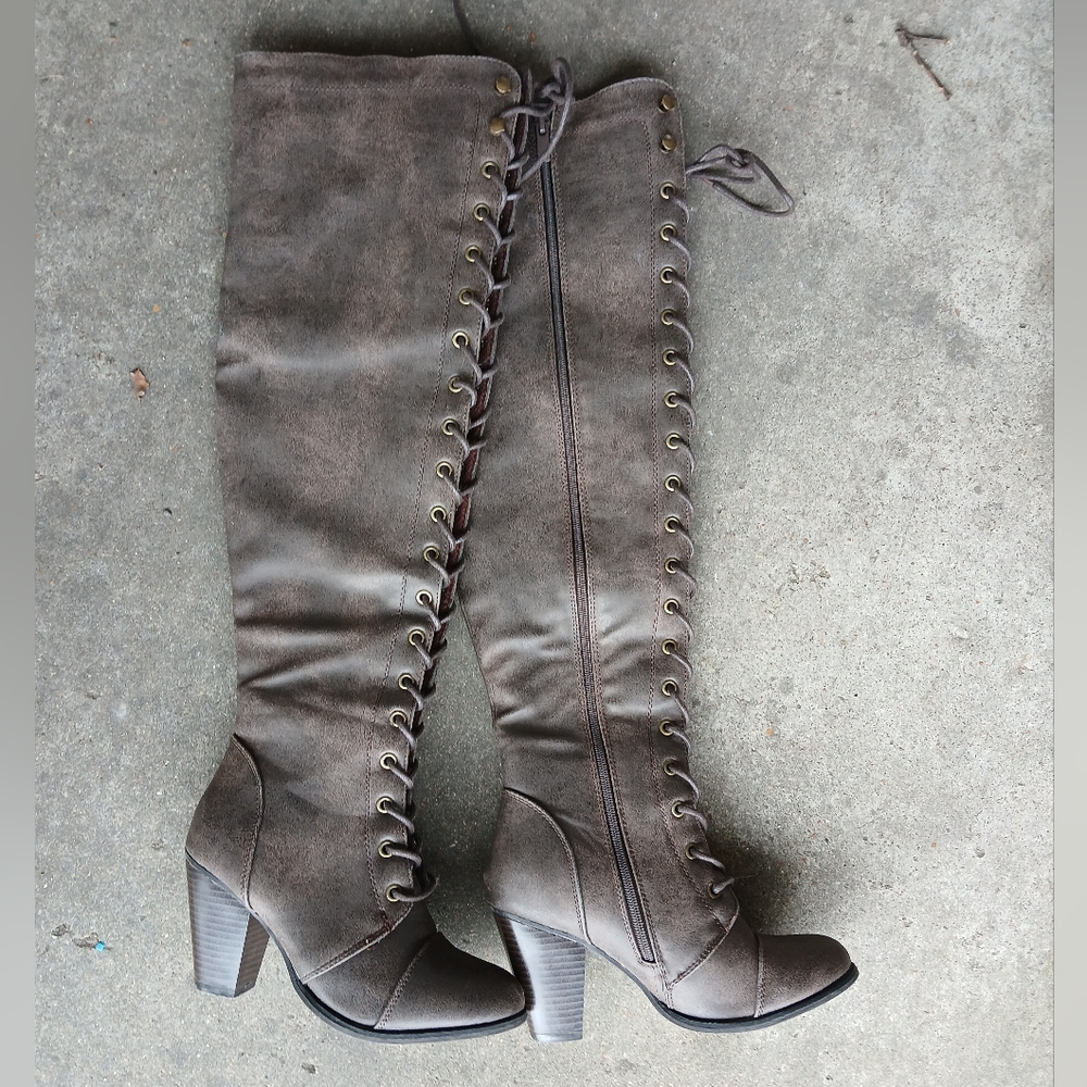 Forever Lace-Up Over the Knee Boots Sz 8.5 Side Zip Distressed Brown